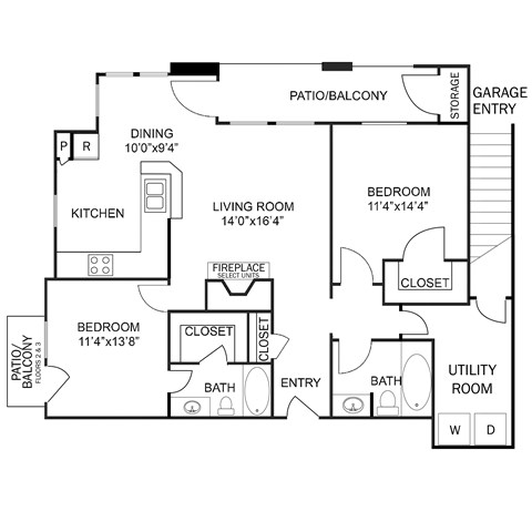 Floor plan for 2 beds, 2 baths, 1102 sqft